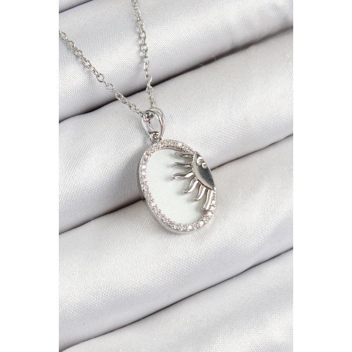 316L Çelik Zirkon Taşlı Yarım Güneş Model Gümüş Renk Kadın Kolye