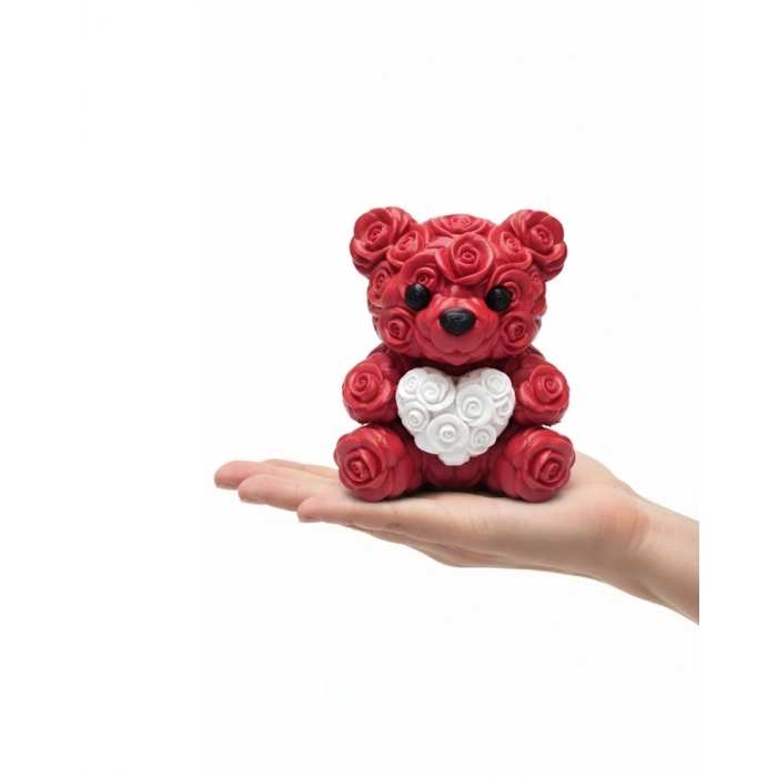 3D Kalp Ayıcık 10 cm Gül Detaylı Dekoratif Hediye Obje