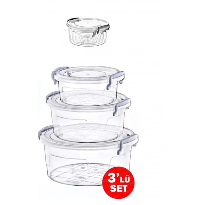 3lü Kilitli Saklama Kabı Seti İç İçe Geçmeli Şeffaf Plastik Sızdırmaz Gıda Saklama Kapları