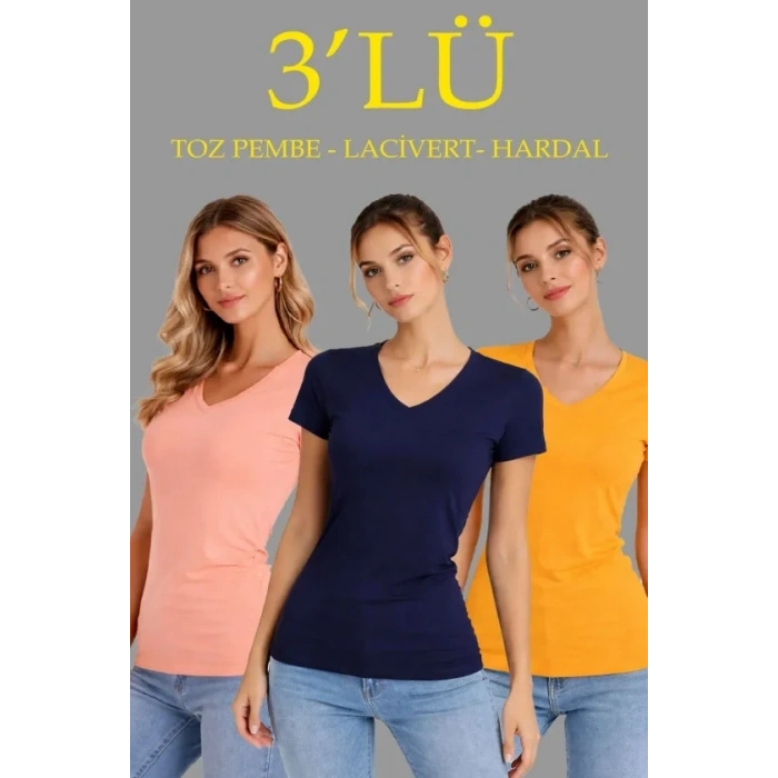 3lü V Yaka Tişört – Kısa Kollu Yazlık Slim Fit Body - Toz Pembe, Lacivert, Hardal