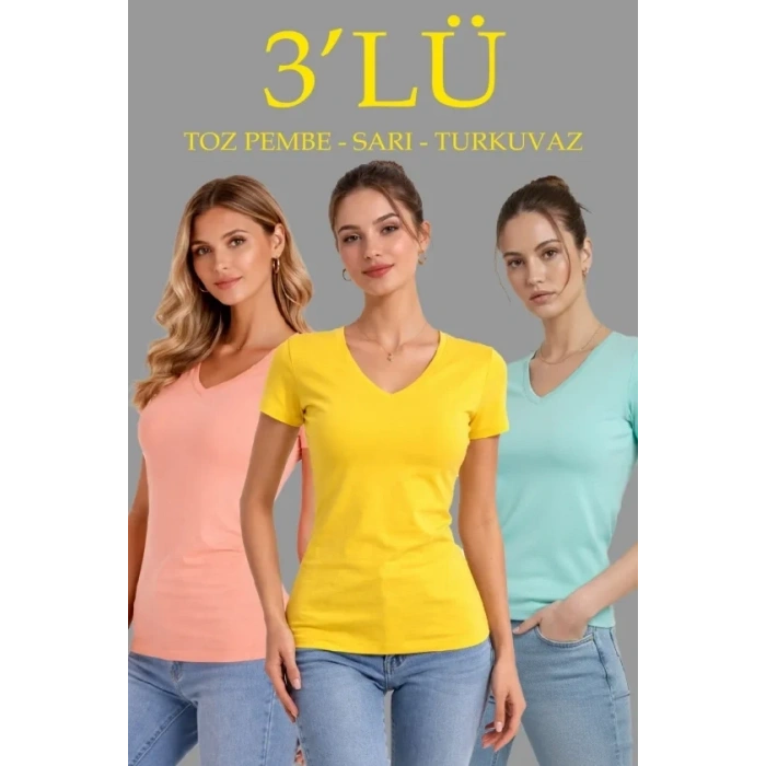 3lü V Yaka Tişört – Kısa Kollu Yazlık Slim Fit Body - Toz Pembe, Sarı, Turkuvaz