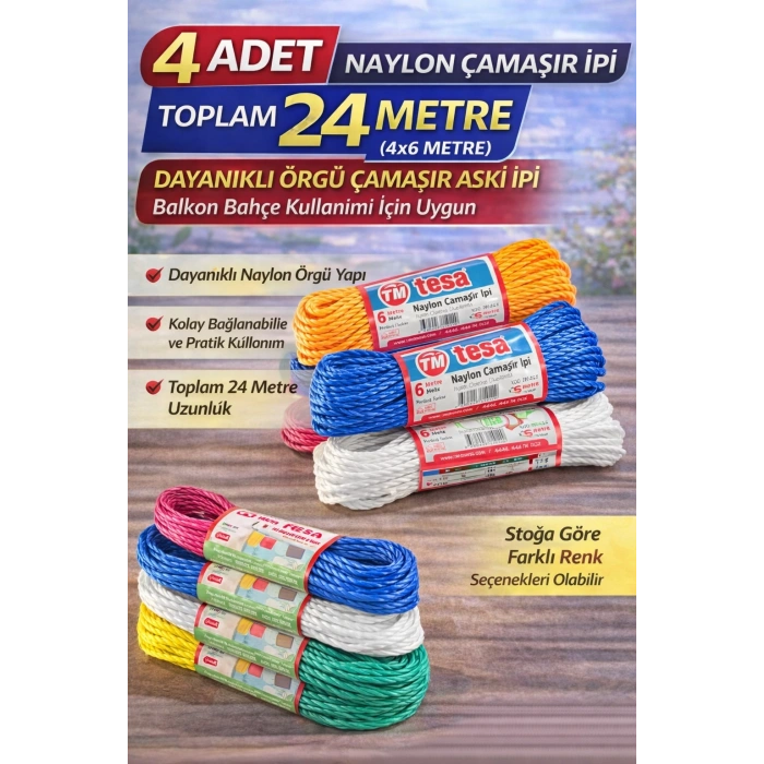 4 Adet Naylon Çamaşır İpi 6 Metre Dayanıklı Örgü Çamaşır Askı İpi Toplam 24 Metre