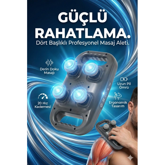 4 Başlıklı Masaj Tabancası - Ergonomik Derin Doku Sırt ve Boyun Masaj Aleti Ağrı ve Sızı Giderici