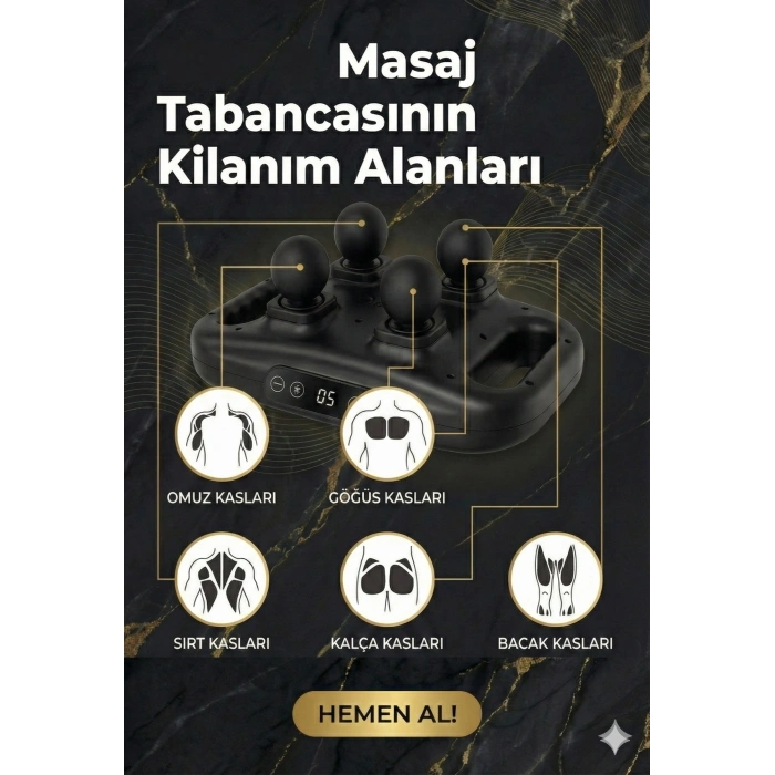 4 Başlıklı Masaj Tabancası - Ergonomik Derin Doku Sırt ve Boyun Masaj Aleti Ağrı ve Sızı Giderici