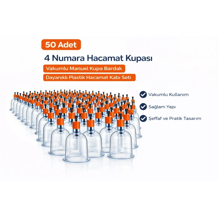 4 Numara Hacamat Kupası 50 Adet Vakumlu Manuel Kupa Bardak Dayanıklı Plastik Hacamat Kabı