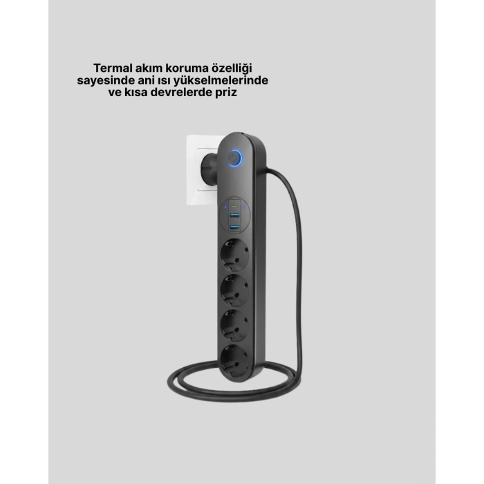 4 Priz 2 USB 1 Type-C Akım Korumalı Çoklu Priz Led Anahtarlı