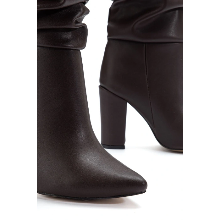 4807 Kahve Cilt Sivri Burun Körüklü Kalın Topuk Günlük Kadın Çizme