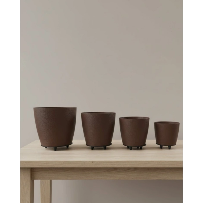 4’lü 3D Kahve Tonlu Ayaklı Saksı Seti Modern Dekoratif Vazo Takımı