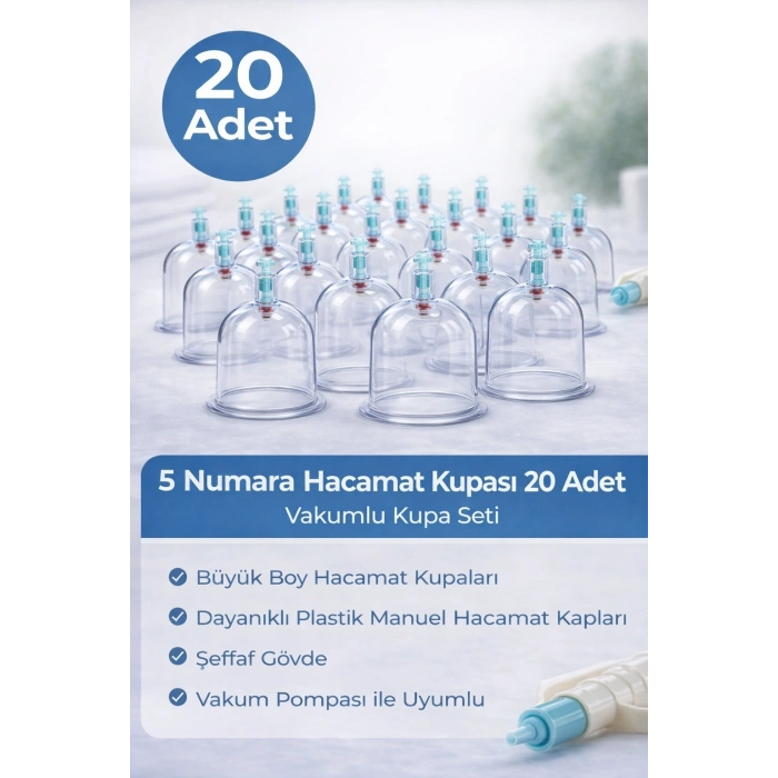 5 Numara Hacamat Kupası 20 Adet Vakumlu Kupa Seti – Manuel Pompa Uyumlu Şeffaf Plastik Büyük Boy Hacamat Kabı