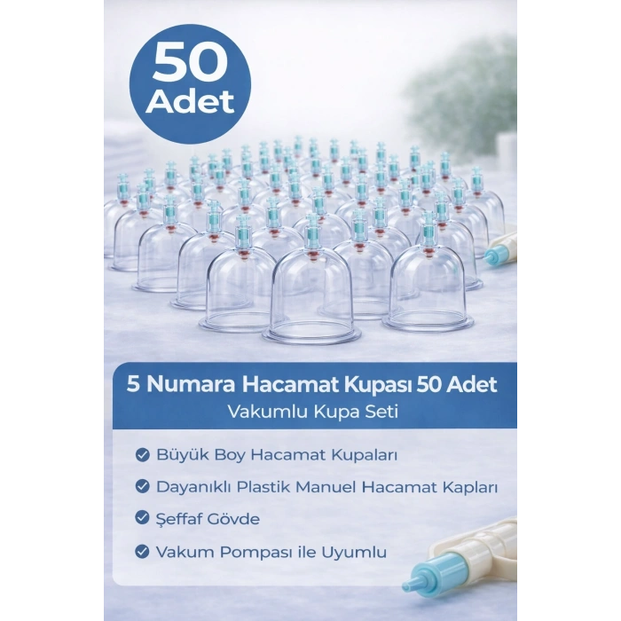 5 Numara Hacamat Kupası 50 Adet Vakumlu Kupa Seti – Manuel Pompa Uyumlu Şeffaf Plastik Büyük Boy Hacamat Kabı