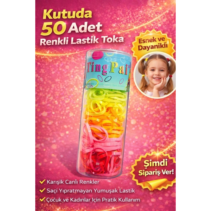 50 Adet Renkli Lastik Toka Seti Kutu İçinde Karışık Renkli Saç Lastiği Çocuk ve Kadın Saç Tokası