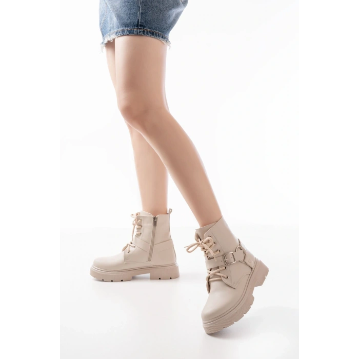 508-3038 Bej Toka Aksesuarlı Fermuarlı Günlük Kadın Bot