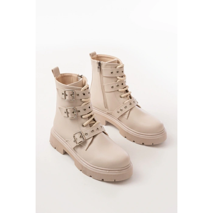 508-3039 Bej Toka Aksesuarlı Fermuarlı  Günlük Kadın Bot