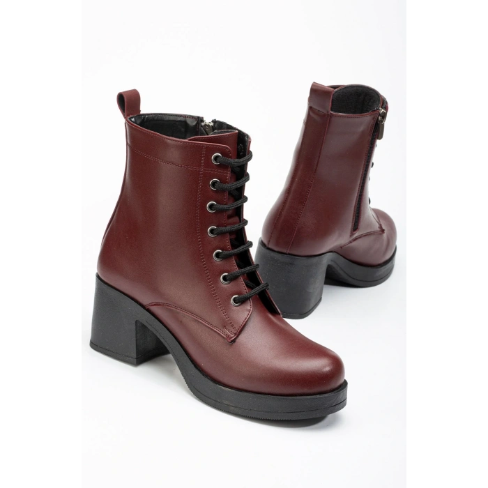 5109-3025 Bordo Bağcıklı Fermuarlı Kalın Topuklu Günlük Kadın Bot