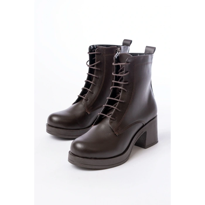 5109-3025 Kahverengi Bağcıklı Fermuarlı Kalın Topuklu Günlük Kadın Bot