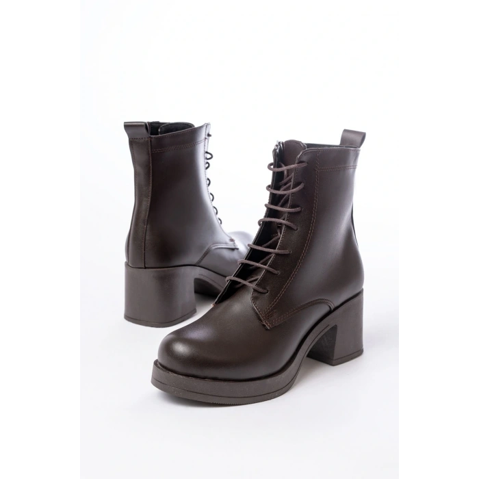 5109-3025 Kahverengi Bağcıklı Fermuarlı Kalın Topuklu Günlük Kadın Bot