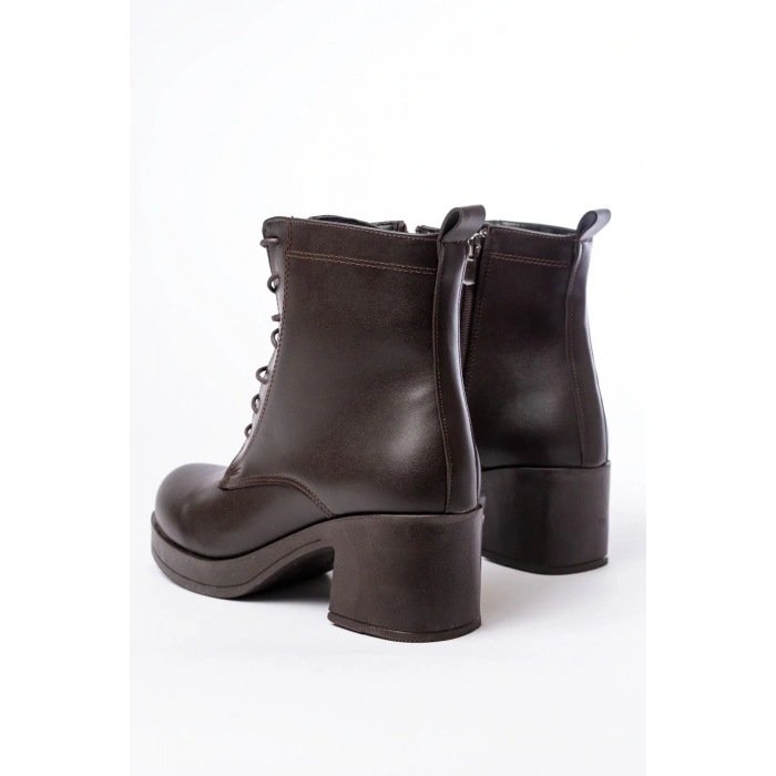 5109-3025 Kahverengi Bağcıklı Fermuarlı Kalın Topuklu Günlük Kadın Bot