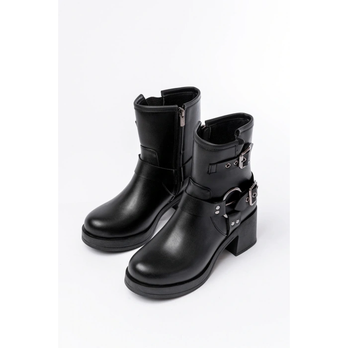5109-3028 Siyah Toka Aksesuarlı Fermuarlı Topuklu Günlük Kadın Bot