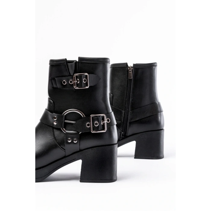 5109-3028 Siyah Toka Aksesuarlı Fermuarlı Topuklu Günlük Kadın Bot