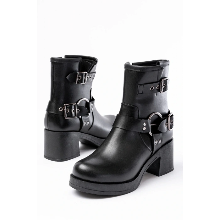 5109-3028 Siyah Toka Aksesuarlı Fermuarlı Topuklu Günlük Kadın Bot