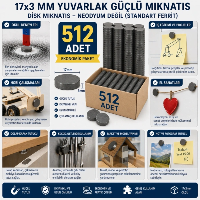 512 Adet Mıknatıs 17x3 mm Yuvarlak Güçlü Mıknatıs Disk Mıknatıs