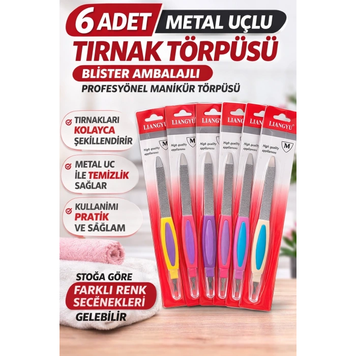 6 Adet Metal Uçlu Tırnak Törpüsü Blister Ambalajlı Profesyonel Manikür Törpüsü Seti