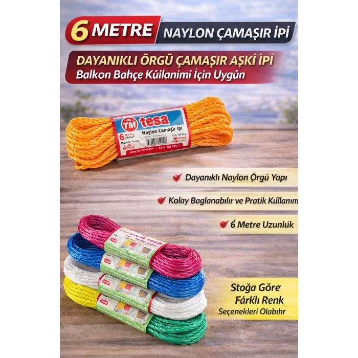 6 Metre Naylon Çamaşır İpi Dayanıklı Örgü Çamaşır Askı İpi Balkon Bahçe Çamaşır İpi 1 Adet