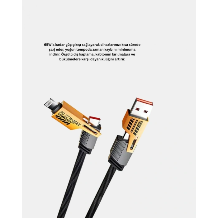 65W Çoklu Şarj Kablosu 4’ü 1 Arada Örgülü Hızlı Veri Aktarım USB-C USB-A