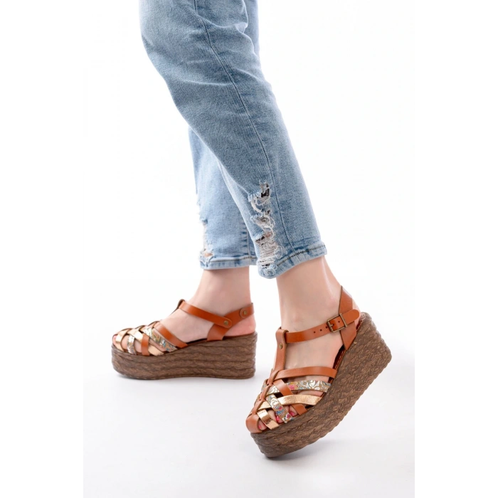 684-02 Taba Garni Ortopedik Hakiki Deri Dolgu Kadın Sandalet