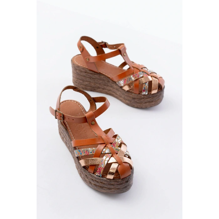 684-02 Taba Garni Ortopedik Hakiki Deri Dolgu Kadın Sandalet