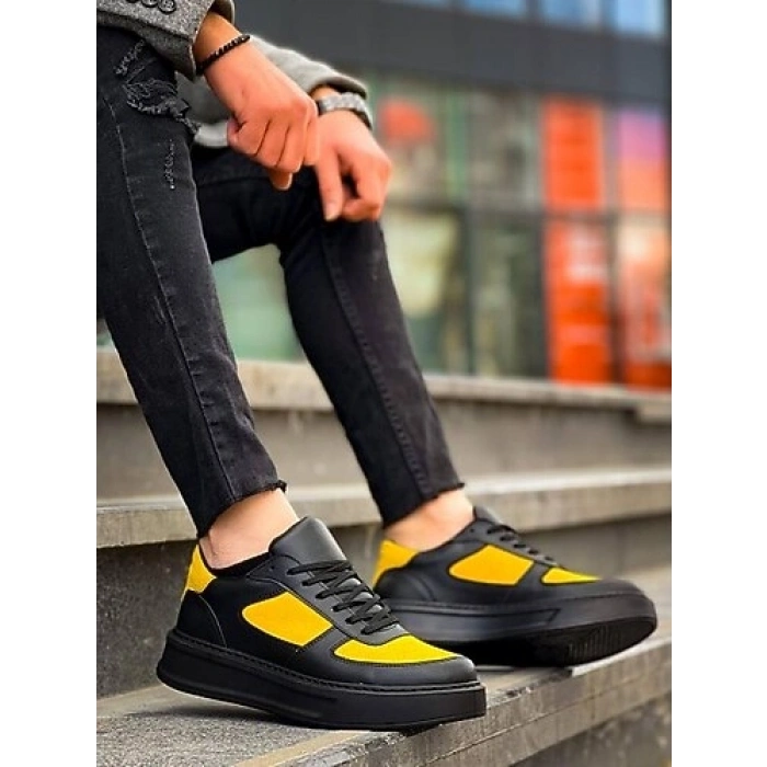 KB-X8 Kuback Siyah Sarı Cilt Yüksek Taban Günlük Spor Ayakkabı