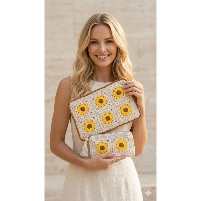 Ayçiçeği Motifli Örgü Çanta Seti