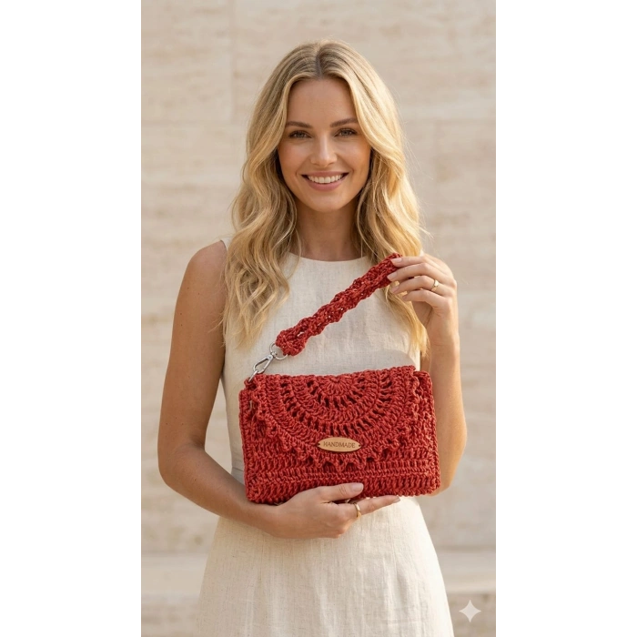 Kiremit Rengi El Örgüsü El ve Omuz Çantası