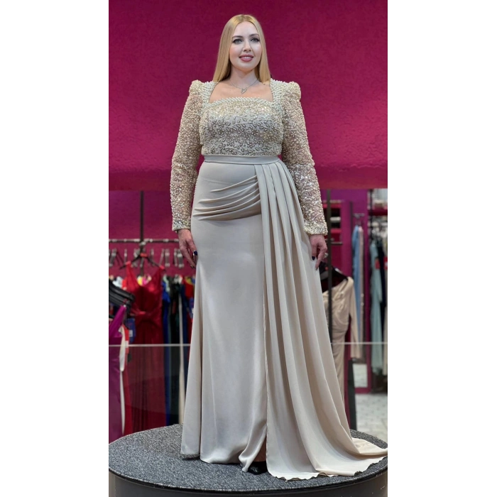 Krem Payetli Dantel Detaylı Abiye Elbise