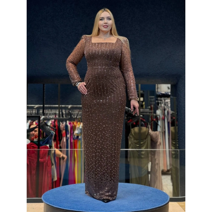 Kahverengi Payetli Dantel Detaylı Abiye Elbise