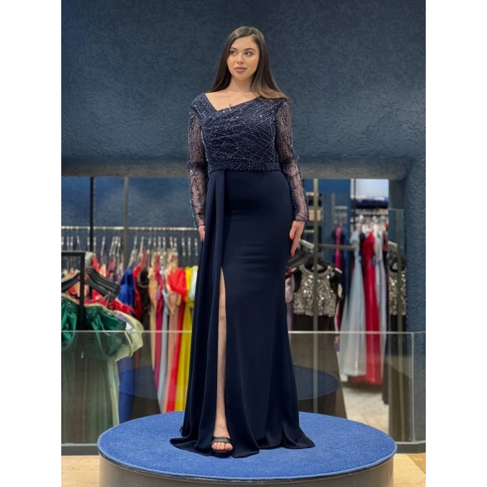 Lacivert Payet Detaylı Abiye Elbise