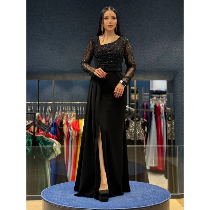 Siyah Payet Detaylı Abiye Elbise