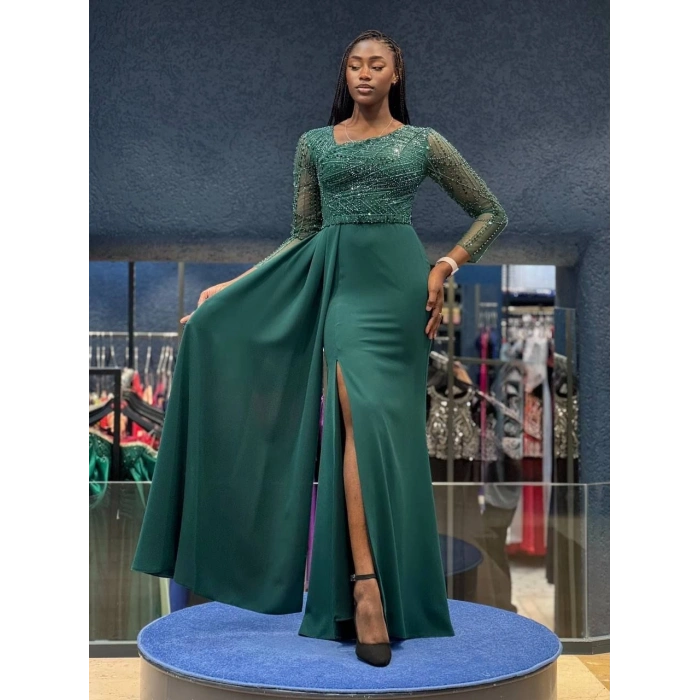 Yeşil Payet Detaylı Abiye Elbise