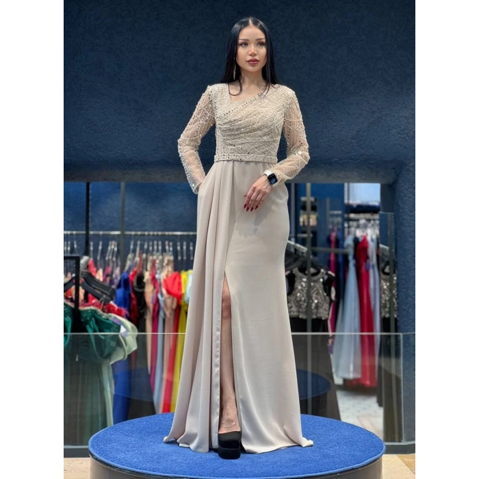 Krem Payet Detaylı Abiye Elbise