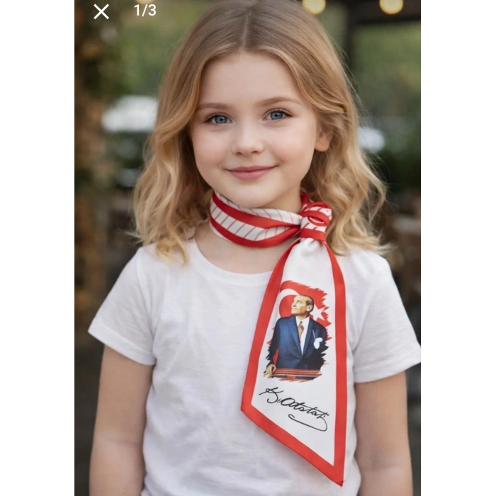 10 Adet Beyaz Atatürk Fotoğraflı İmzalı Türk Bayraklı Eşarp Kravat Fular
