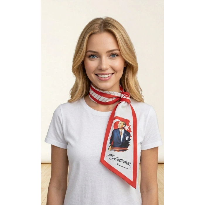 10 Adet Beyaz Atatürk Fotoğraflı İmzalı Türk Bayraklı Eşarp Kravat Fular