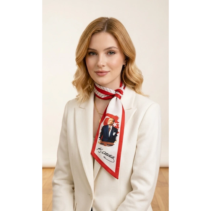 10 Adet Beyaz Atatürk Fotoğraflı İmzalı Türk Bayraklı Eşarp Kravat Fular