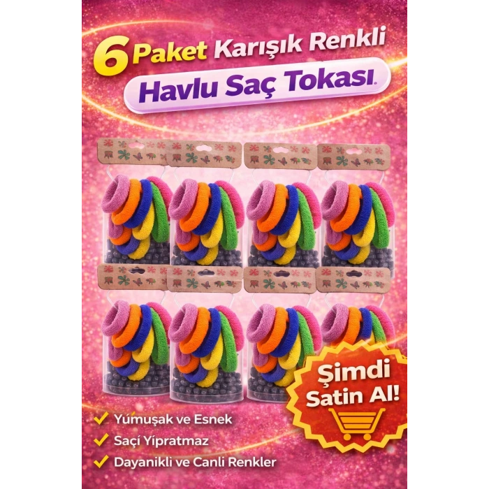 6’lı 6 Paket Karışık Renkli Havlu Saç Tokası Yumuşak Elastik Dayanıklı Lastik Toka Seti