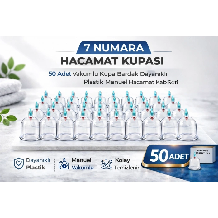 7 Numara Hacamat Kupası 50 Adet Vakumlu Kupa Bardak Dayanıklı Plastik Manuel Hacamat Kabı Seti