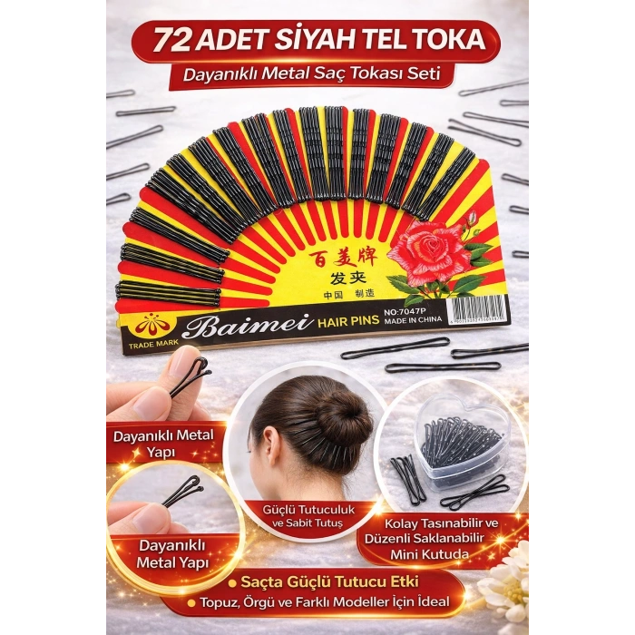 72 Adet Siyah Tel Toka Saç Tokası – Dayanıklı Metal Saç Teli Toka Seti