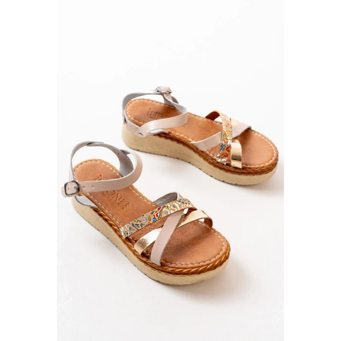 730-015 Bej Garni Ortopedik Hakiki Deri Dolgu Kadın Sandalet