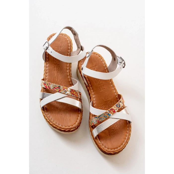 730-015 Beyaz Garni Ortopedik Hakiki Deri Dolgu Kadın Sandalet