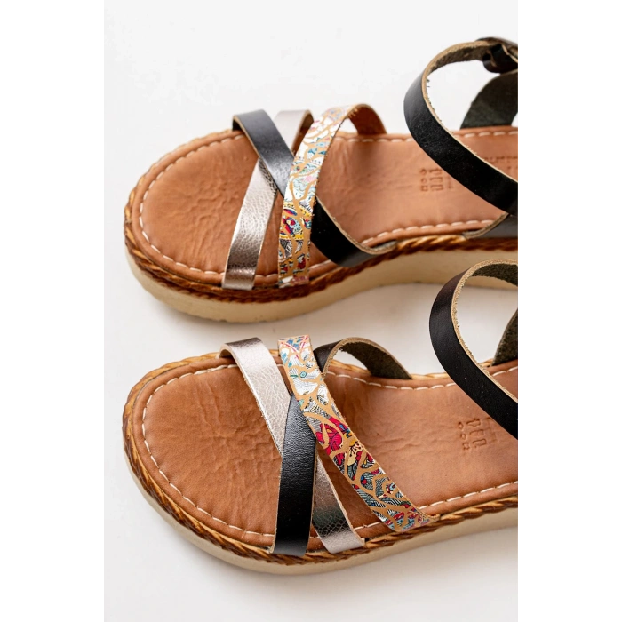 730-015 Siyah Garni Ortopedik Hakiki Deri Dolgu Kadın Sandalet