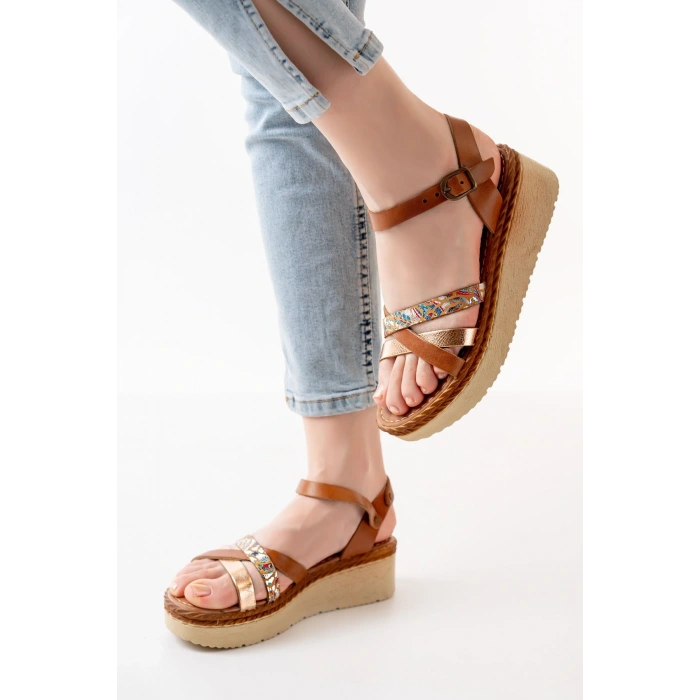 730-015 Taba Garni Ortopedik Hakiki Deri Dolgu Kadın Sandalet