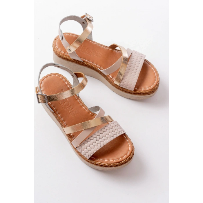 730-044 Bej Garni Ortopedik Örgü Desenli Hakiki Deri Dolgu Kadın Sandalet